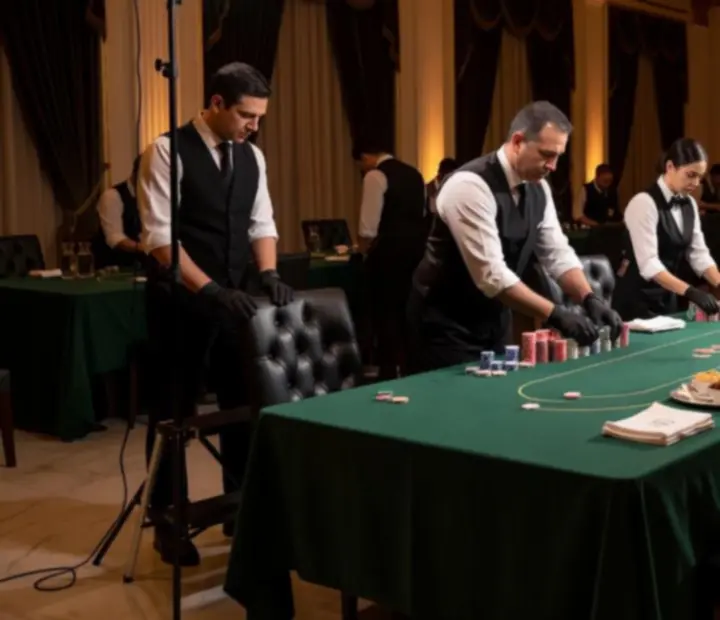 Kulisy eleganckiej gali pokerowej: stoły, karty, detale dekoracyjne i goście