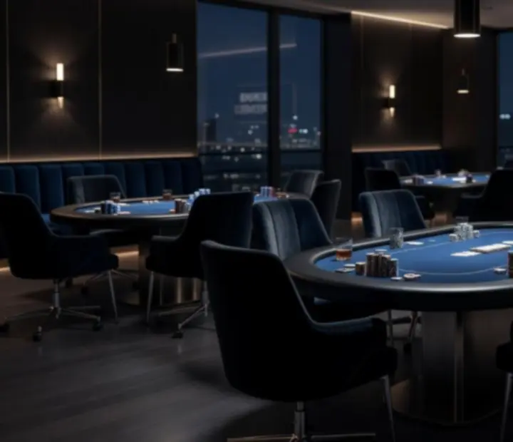 Elegancki korporacyjny wieczór pokerowy w ciemnym, nowoczesnym wnętrzu