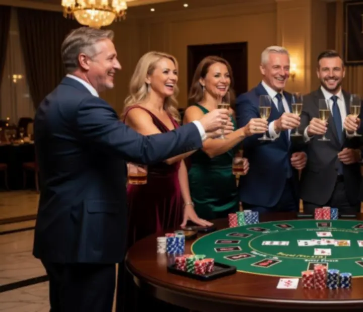 Goście śmiejący się przy stolikach podczas wieczoru pokerowego