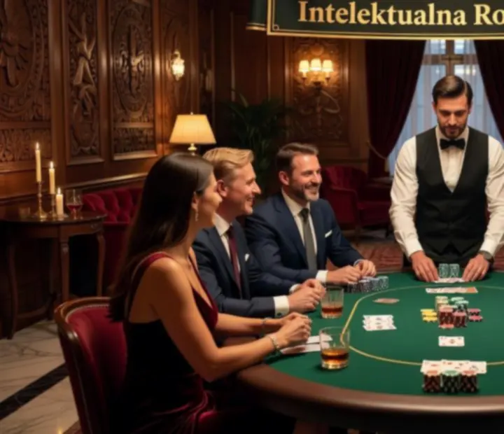 Grupa osób przy stole pokerowym w eleganckiej, ciemnej sali z ambientowym oświetleniem