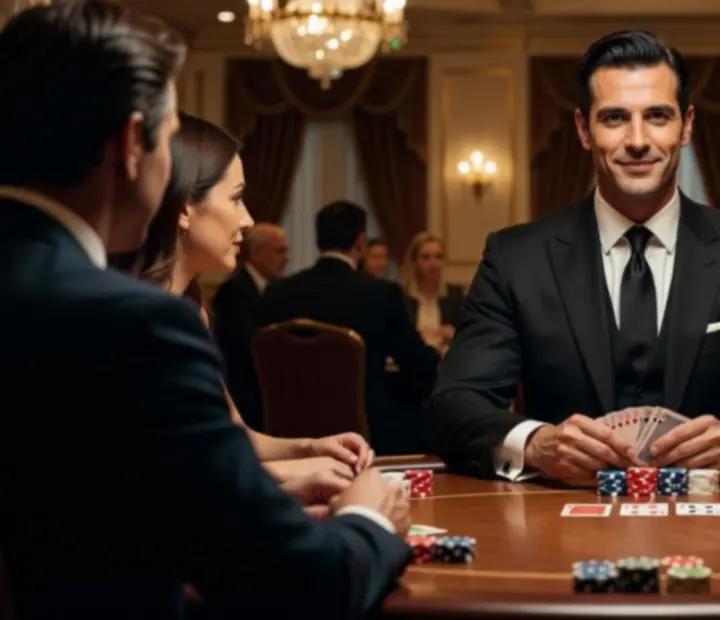 Profesjonalny krupier przy stole pokerowym podczas eleganckiego eventu