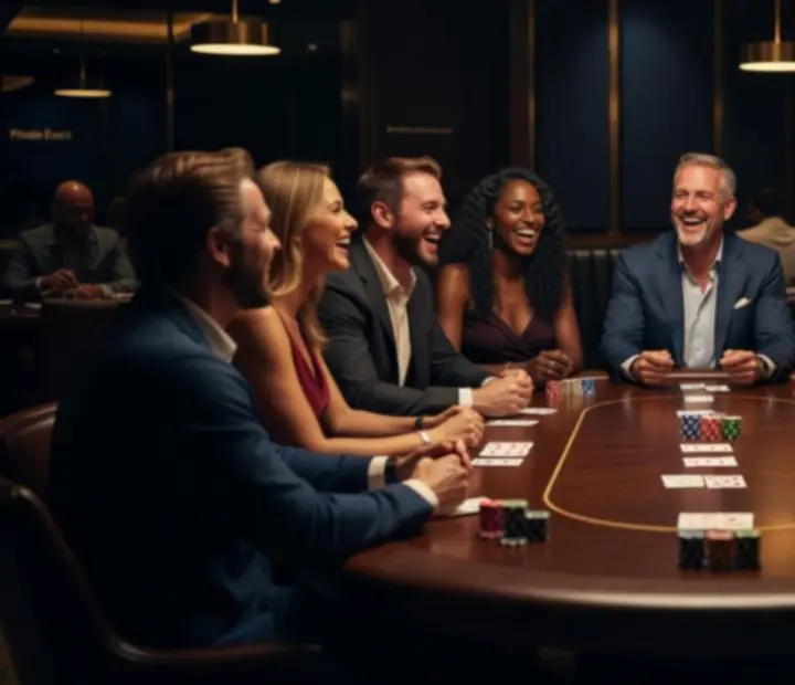 Grupa gości przy stole pokerowym w bezpiecznej, eleganckiej atmosferze bez hazardu