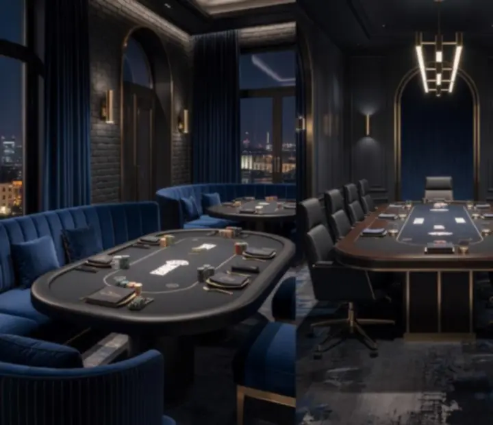 Kolaż eleganckich restauracji i lounge'ów z ustawionymi stołami pokerowymi