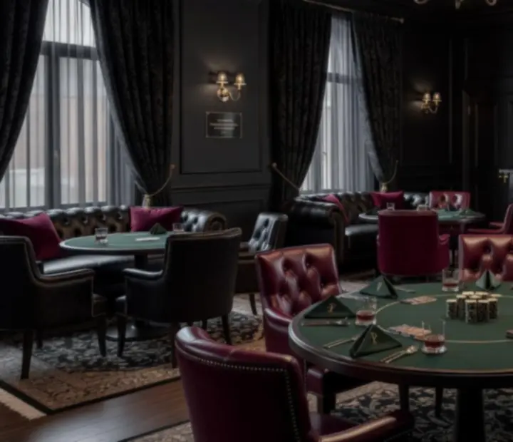 Panoramiczny widok na salę eventową z rozmieszczonymi stołami i strefami lounge
