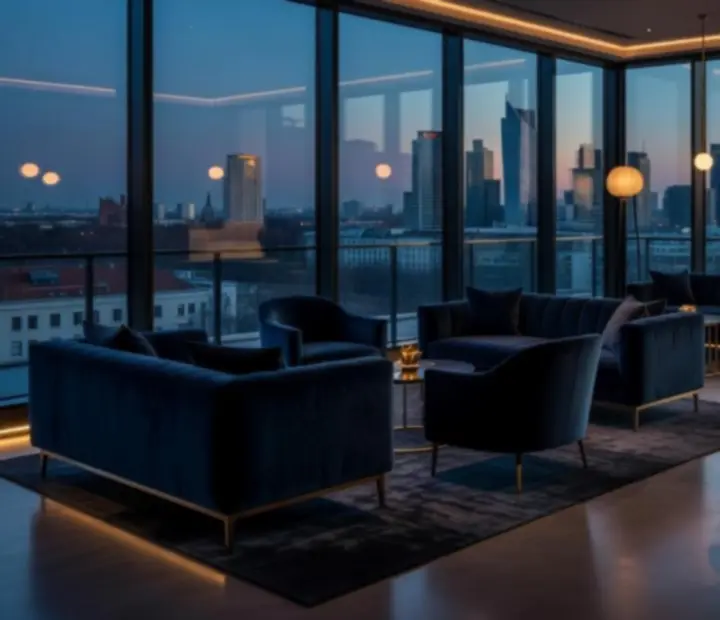 Midnight Skyline Penthouse w Warszawie – panoramiczny widok nocny i ustawione stoły pokerowe